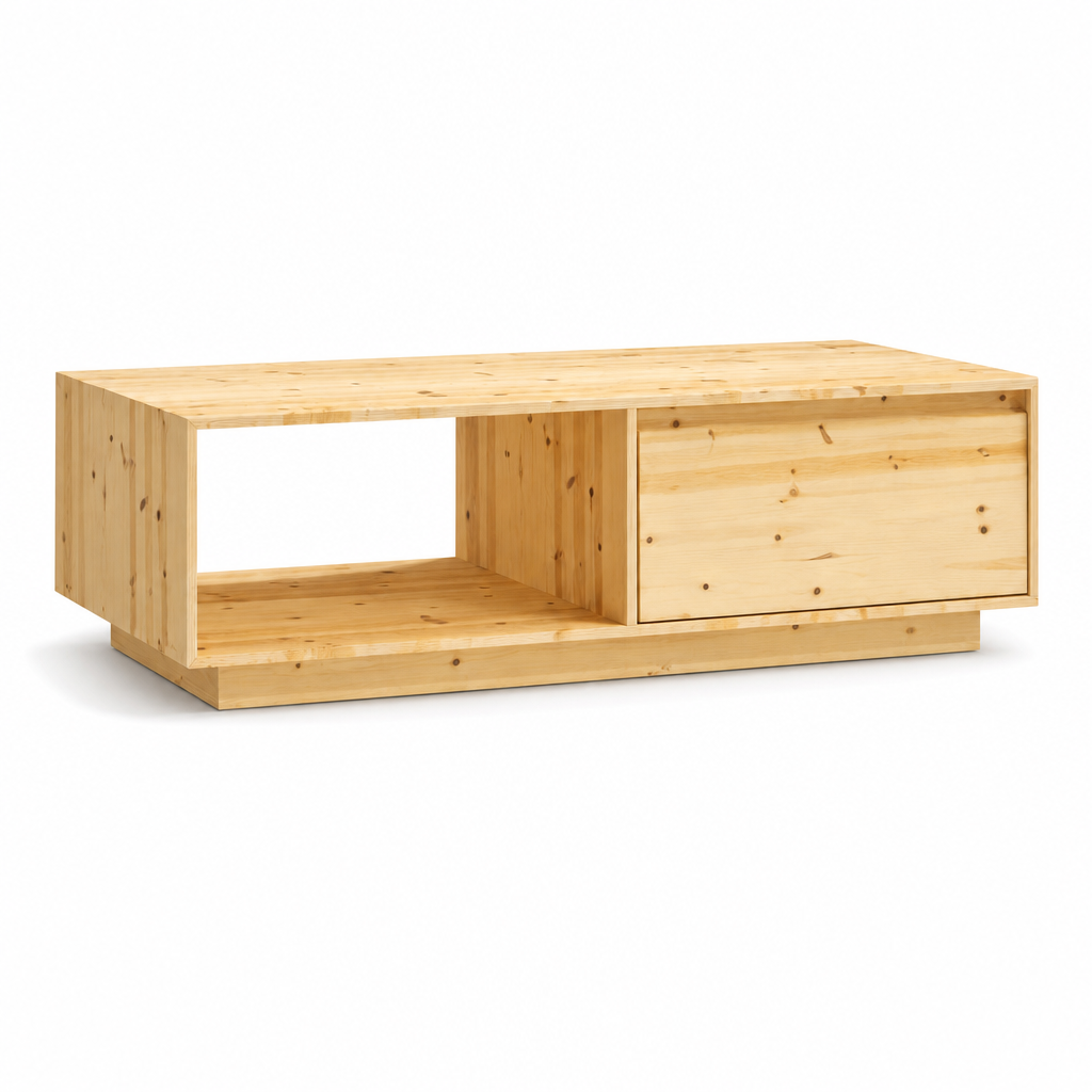 Table basse en bois Solvane avec compartiment ouvert et tiroir ferme, vue d angle sur fond blanc