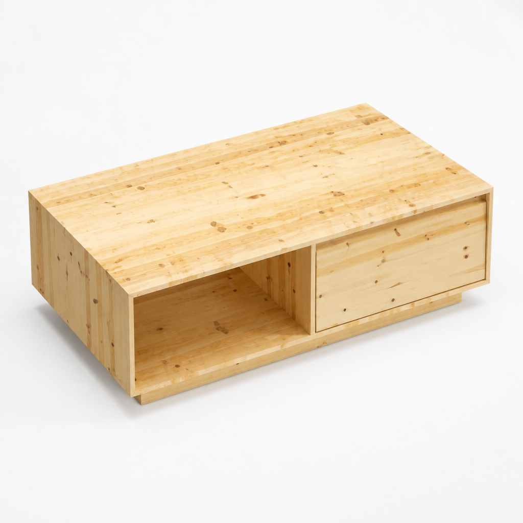 Table basse en bois Solvane, vue en hauteur montrant le plateau et le rangement ouvert, sur fond blanc