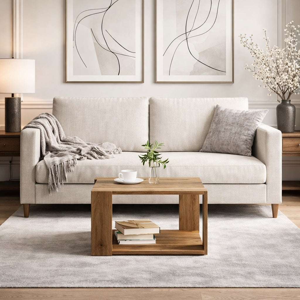 Table basse en bois installée dans un salon lumineux, apportant chaleur et équilibre à l’espace de vie.