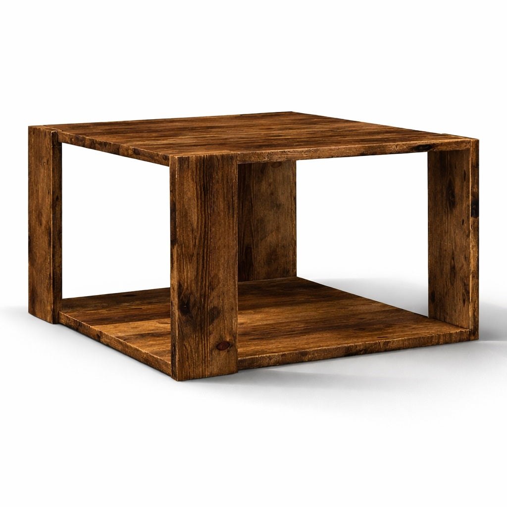 Table basse en bois massif finition foncée, design minimaliste et lignes géométriques affirmées.