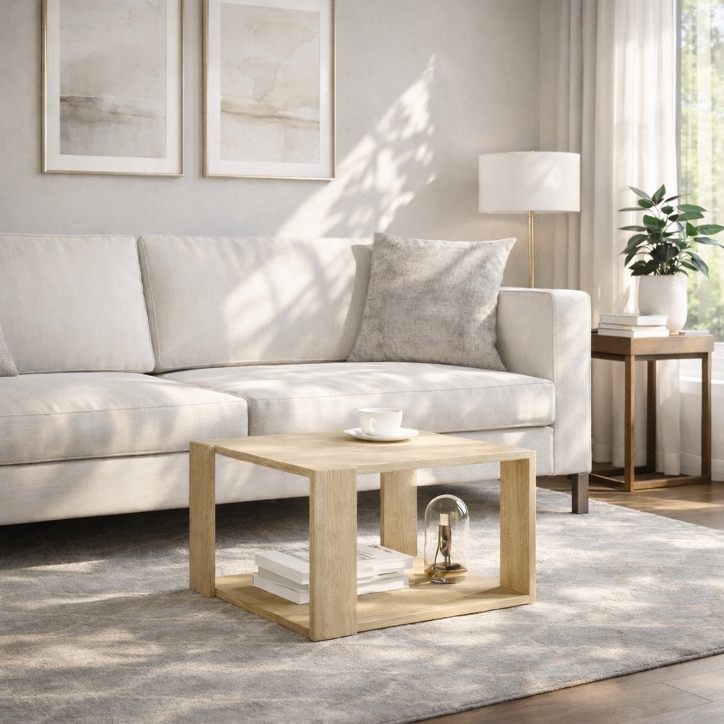 Table basse en bois design cube, posée dans un salon lumineux, avec rangement ouvert pour livres et objets déco.