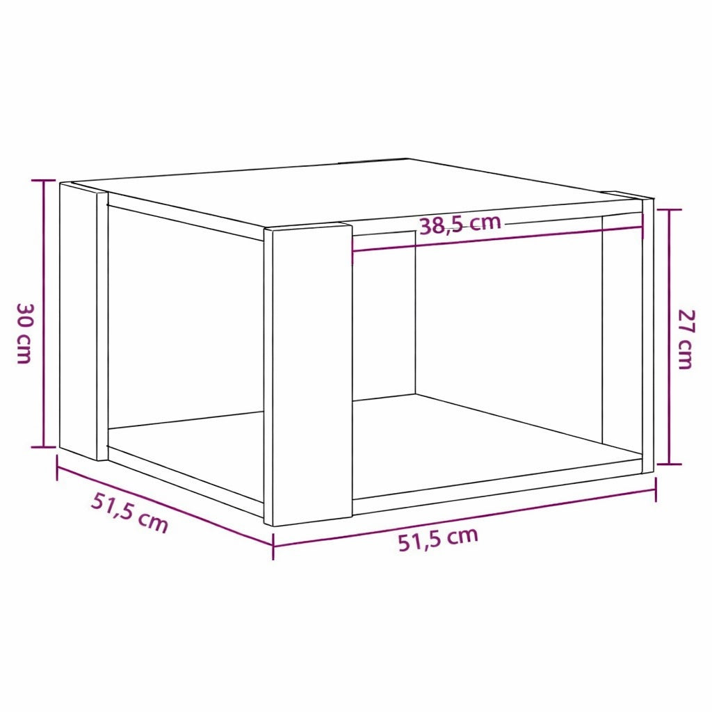 Table basse en bois carrée avec rangement, dimensions détaillées 