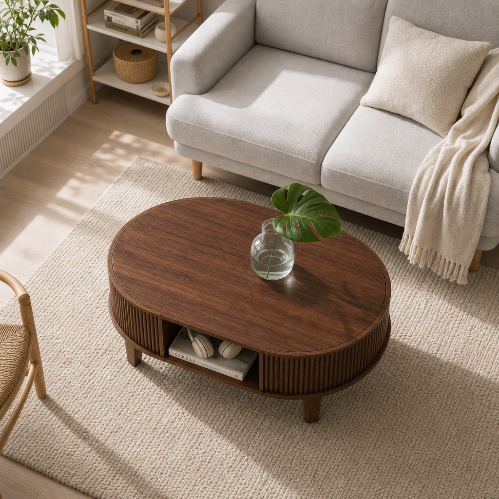 Table basse ovale Verona en bois, en situation dans un salon avec canapé beige et tapis en jute