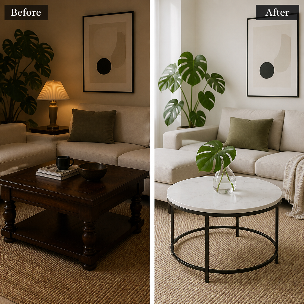 Comparaison avant apres avec la table basse Celestia effet marbre remplacant une ancienne table en bois fonce