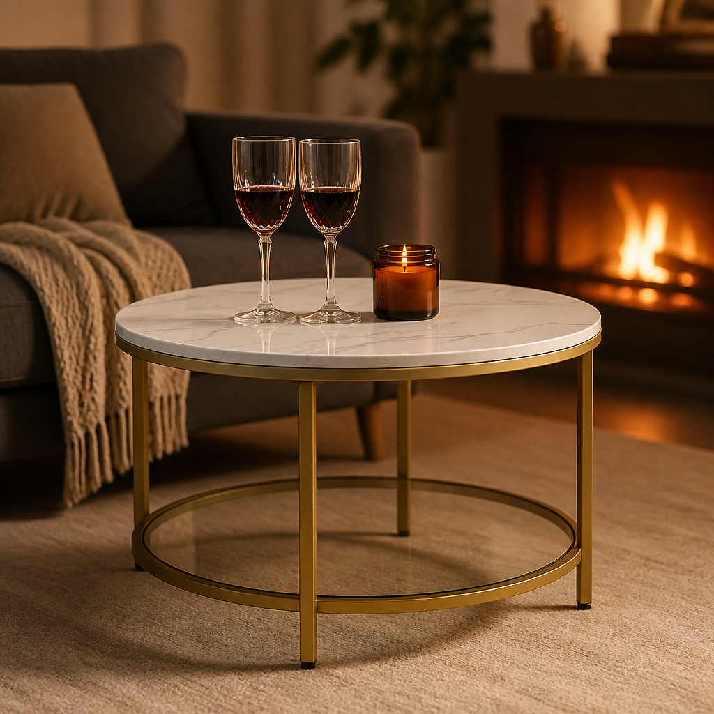 Table basse Celestia effet marbre et structure doree pres d une cheminee, ambiance cosy avec bougie et verres de vin