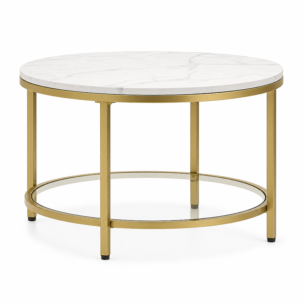 Table basse Celestia effet marbre blanc avec structure metallique doree, plateau et etagere basse