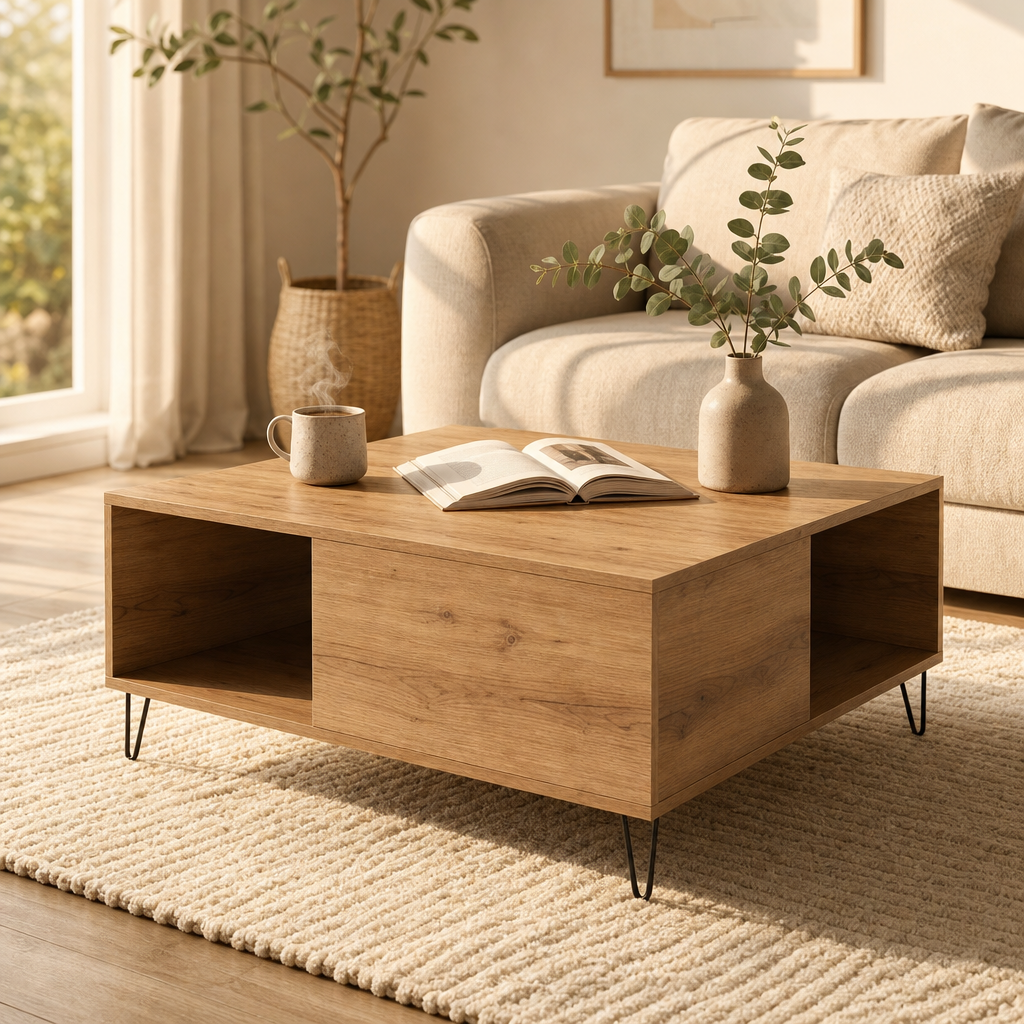 Table basse en chene Solen dans un salon lumineux scandinave avec tapis, plante et livre ouvert