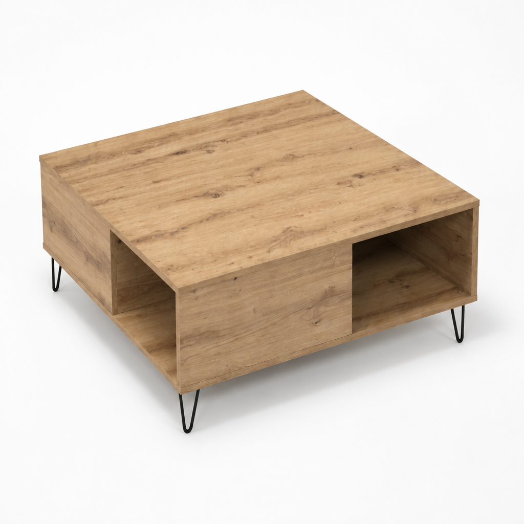 Table basse en chene Solen vue de dessus sur fond blanc, plateau texture bois et pieds fins noirs