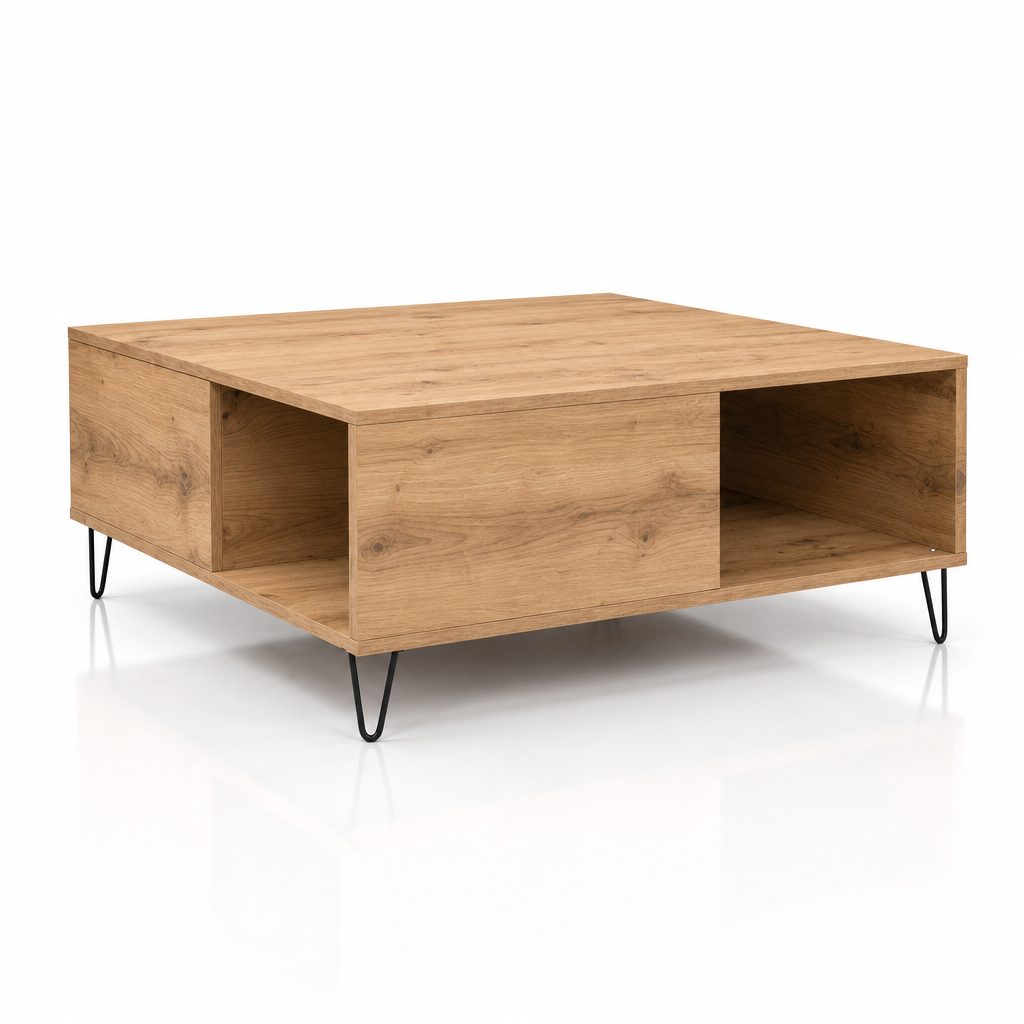 Table basse en chene Solen sur fond blanc, pieds metalliques noirs et rangements ouverts lateraux