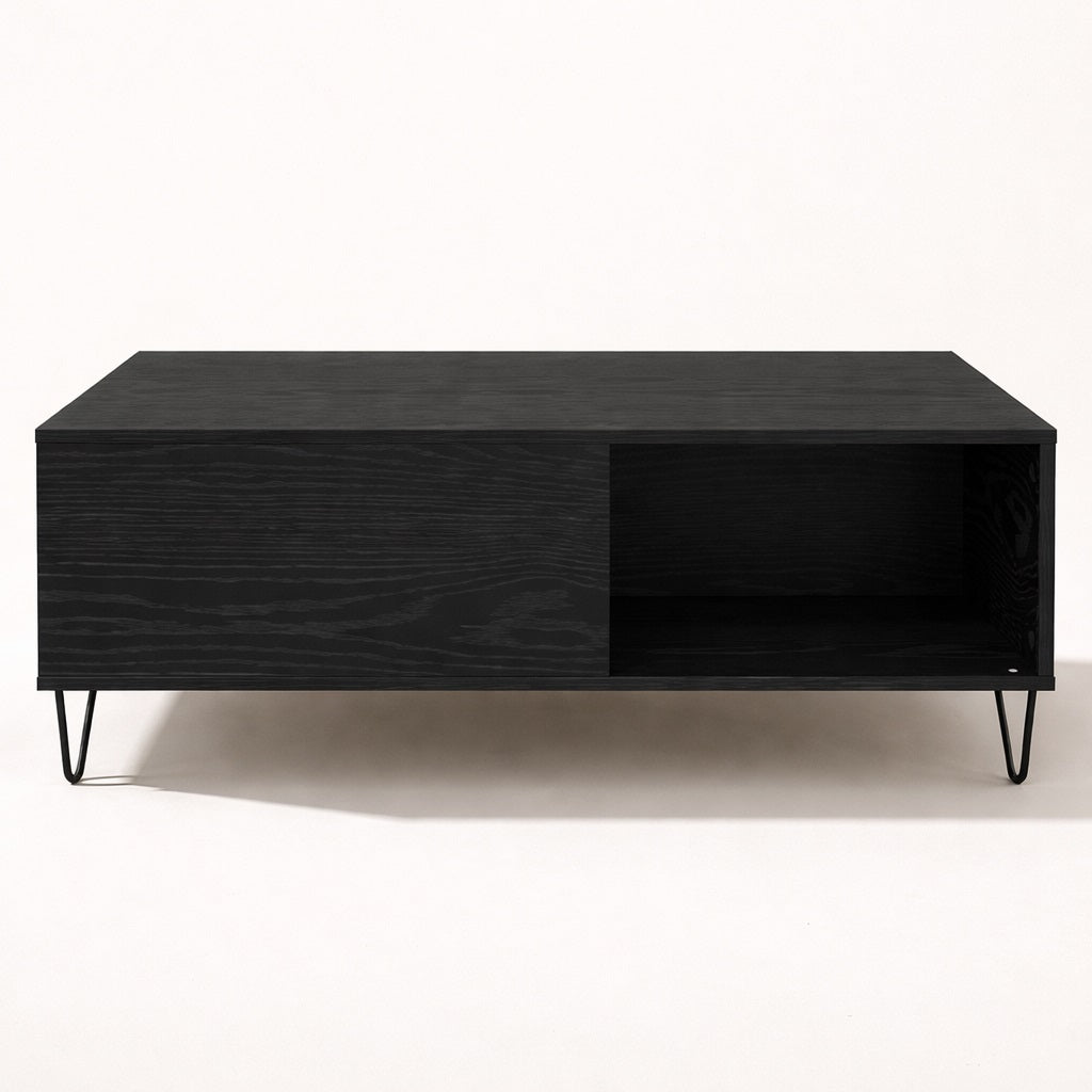 Table basse avec rangement noire, volumes équilibrés et style contemporain pour une table basse de salon.