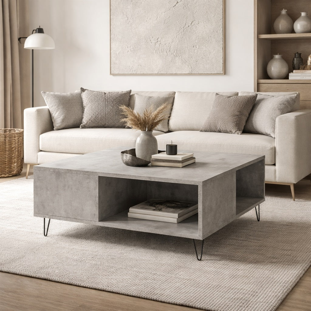 Table basse avec rangement finition minérale dans un salon lumineux, table basse de salon moderne et fonctionnelle.