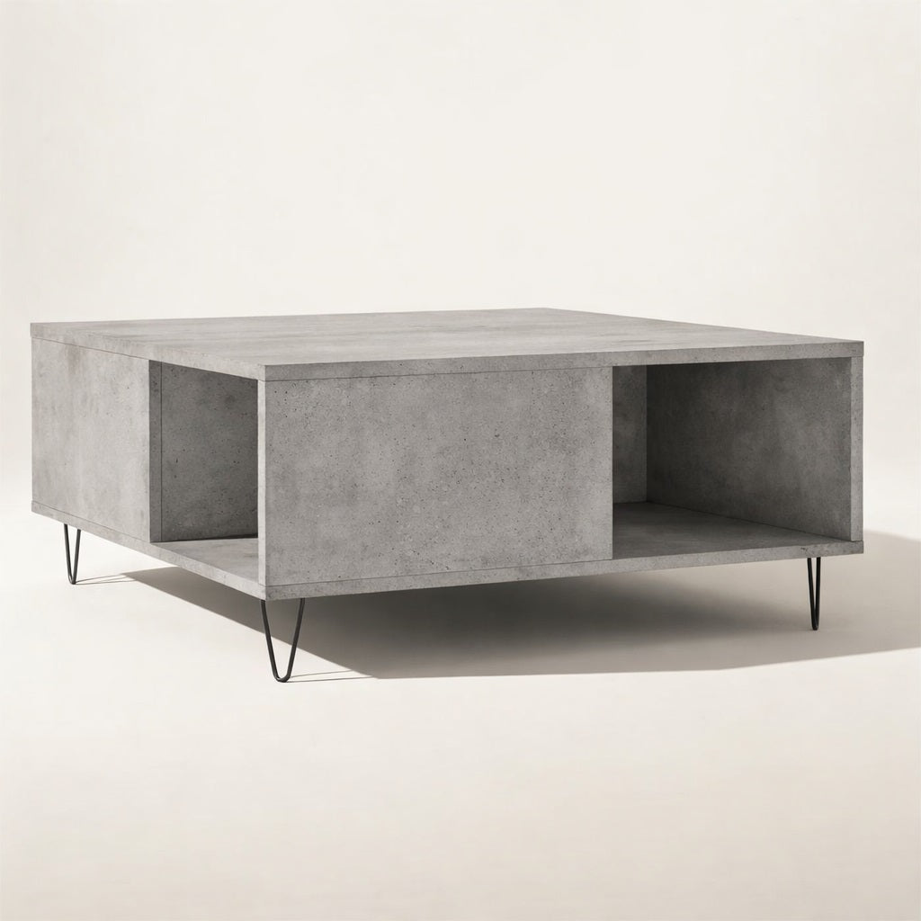 Table basse avec rangement finition minérale, lignes graphiques et volumes épurés pour table basse de salon moderne.