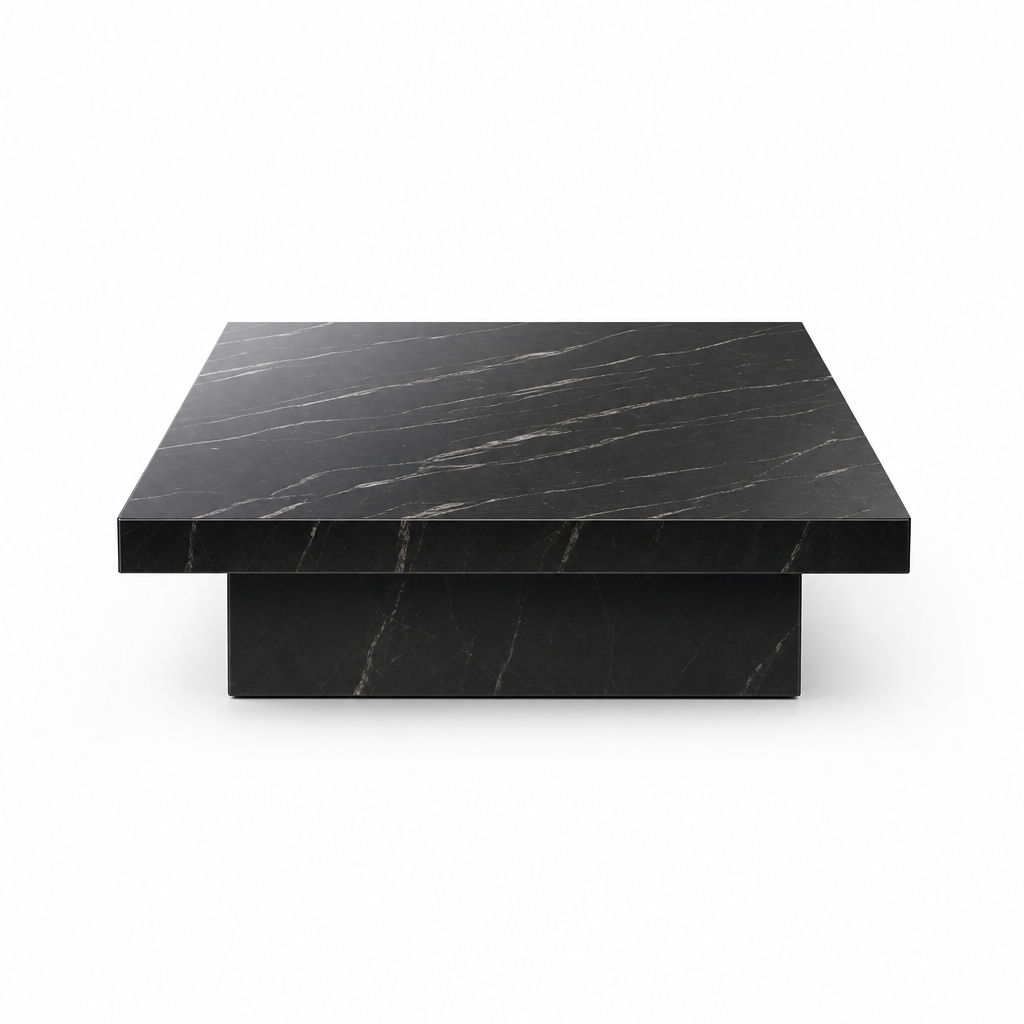 Table basse design Obsidia noir effet marbre, vue de face avec base piédestal