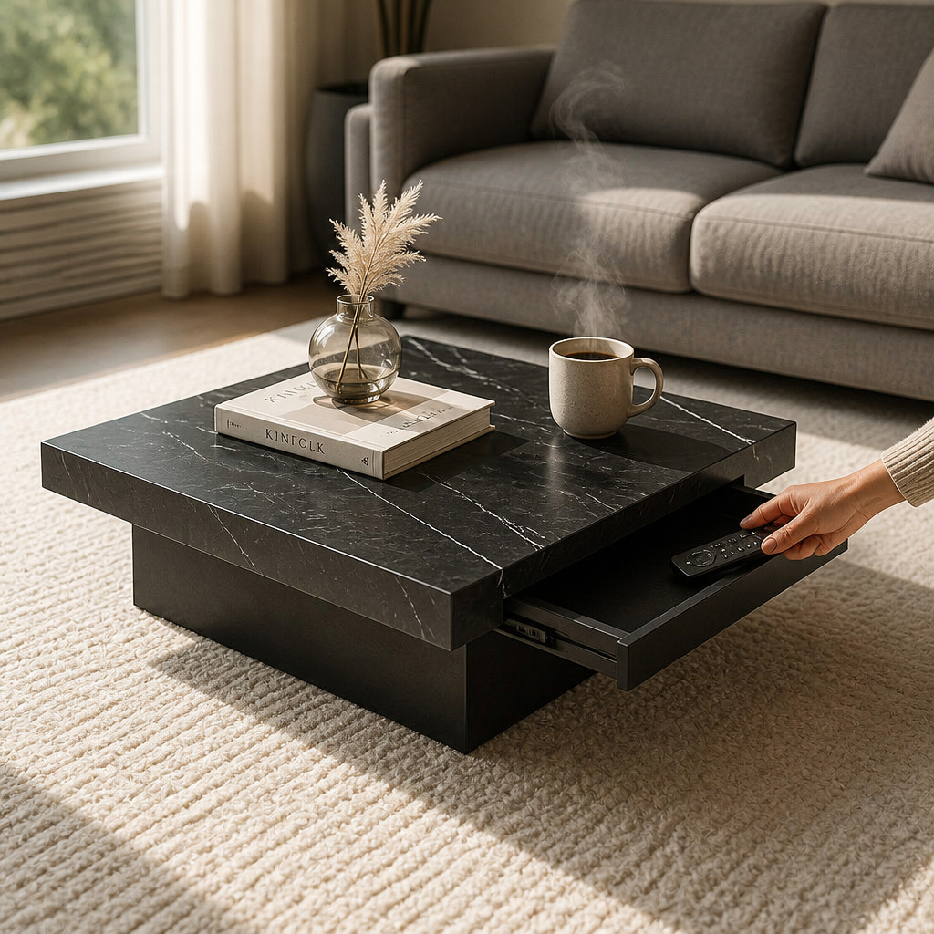 Table basse design Obsidia noir effet marbre, tiroir de rangement dissimulé ouvert