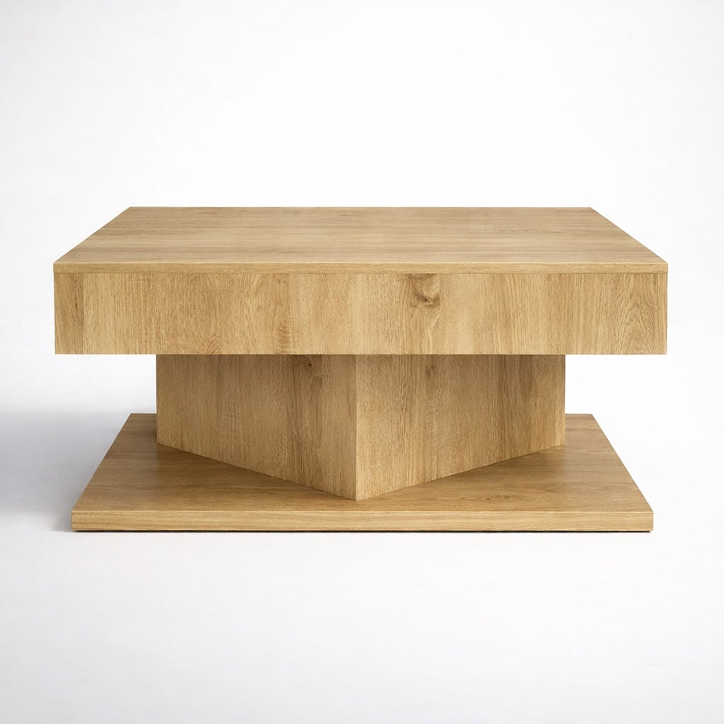 Table basse en bois massif vue de face, table basse de salon carrée au design épuré et contemporain.