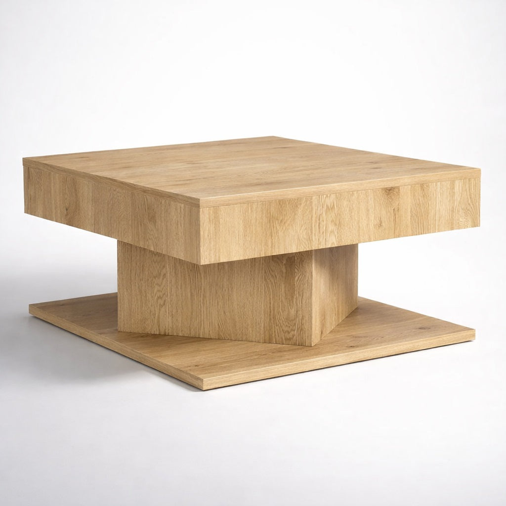 Table basse en bois design carré, finition chêne clair, table basse de salon au style moderne et structuré.