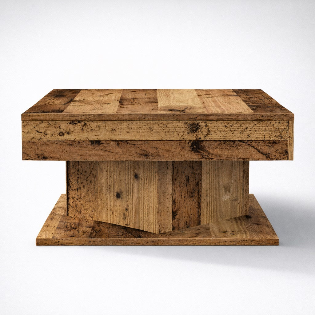 Table basse en bois ancien intégrée dans un salon cosy, table basse de salon au charme naturel.