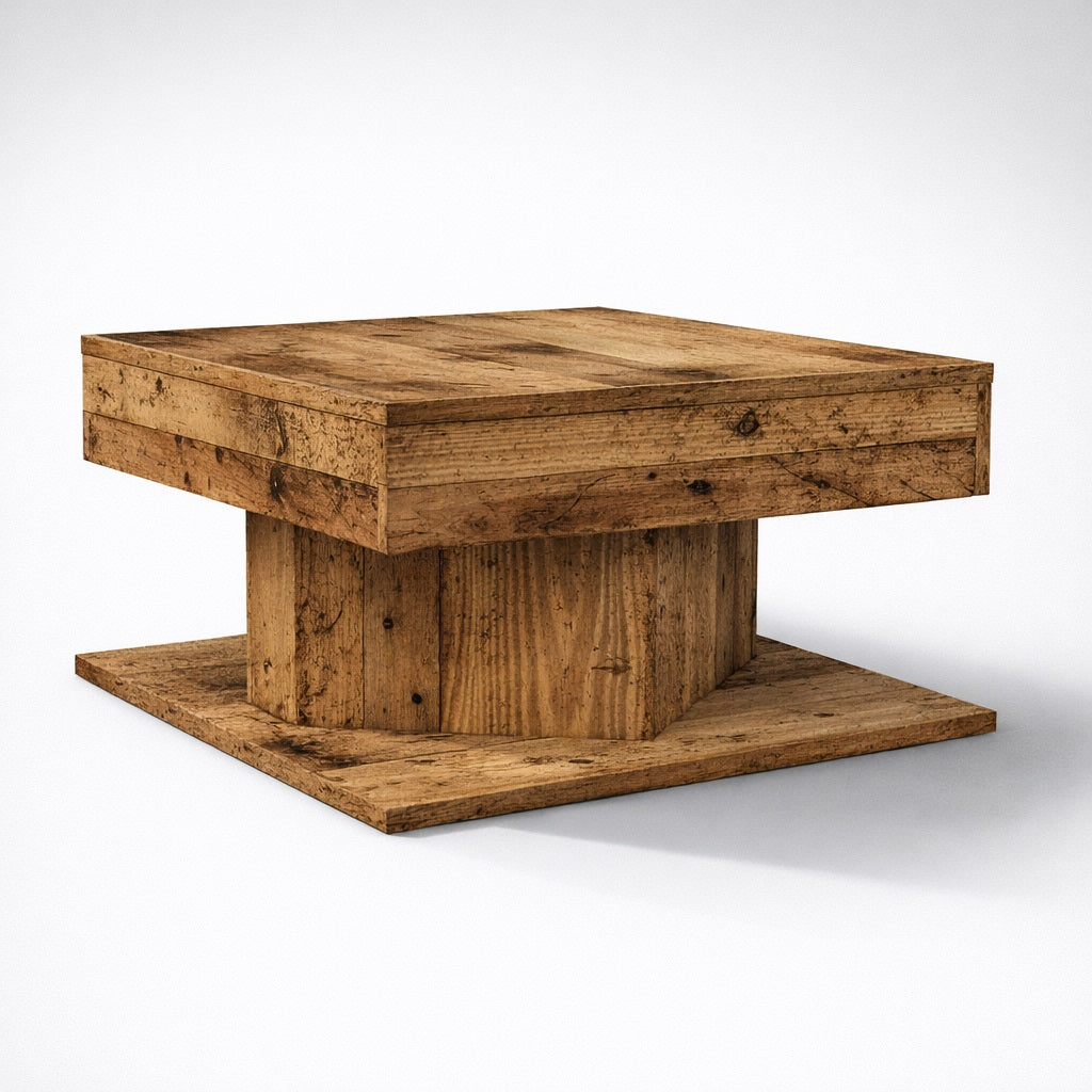 Table basse en bois vieux bois au design carré, table basse de salon au caractère authentique.