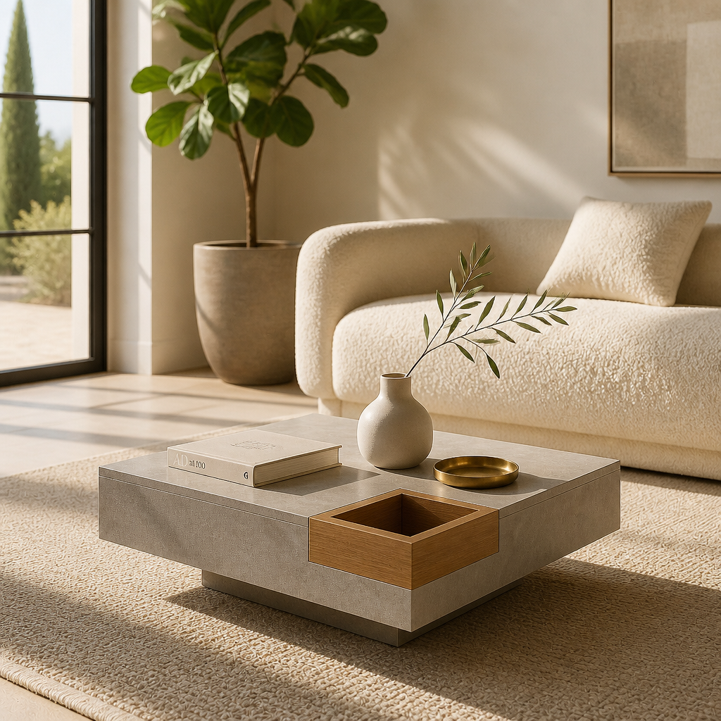 Table basse Atlas effet beton en situation dans un salon lumineux avec canape beige et vue sur jardin mediterraneen
