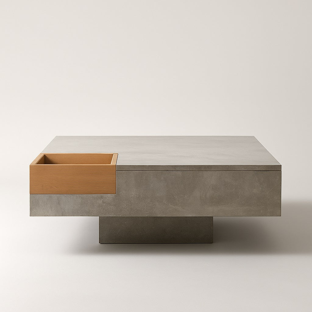 Table basse Atlas effet beton avec tiroir en bois ouvert, vue de face