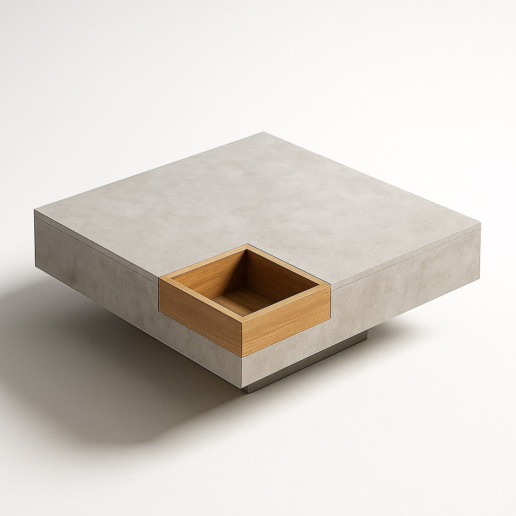 Table basse Atlas effet beton avec tiroir en bois, vue d angle sur fond clair