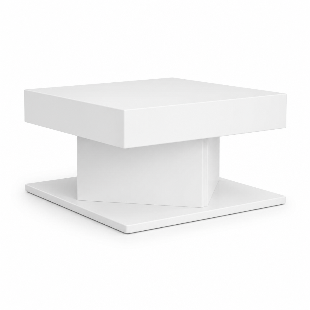 Table basse Eloria blanche au design geometrique moderne, plateau carre et pietement central architectural, vue d angle sur fond blanc