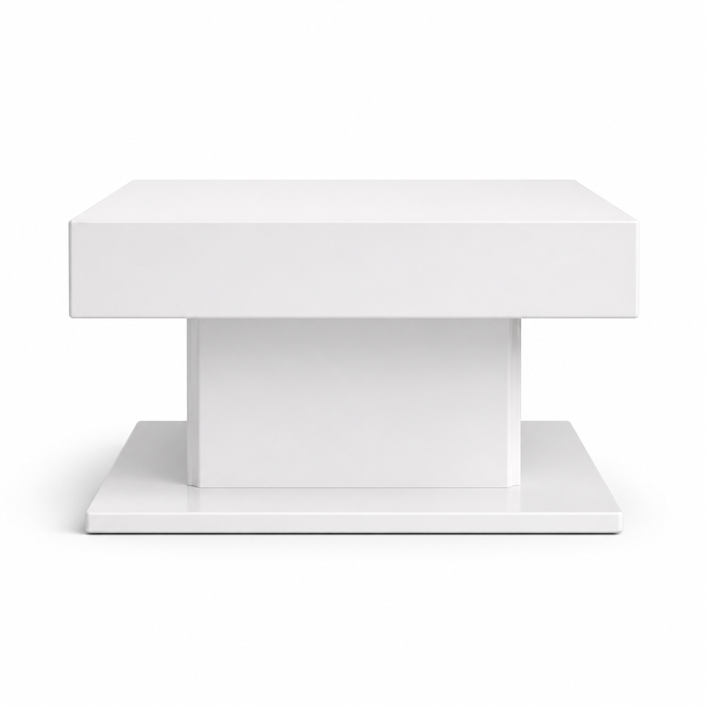 Table basse Eloria blanche, vue de face montrant le plateau carre suspendu et le pietement central decale