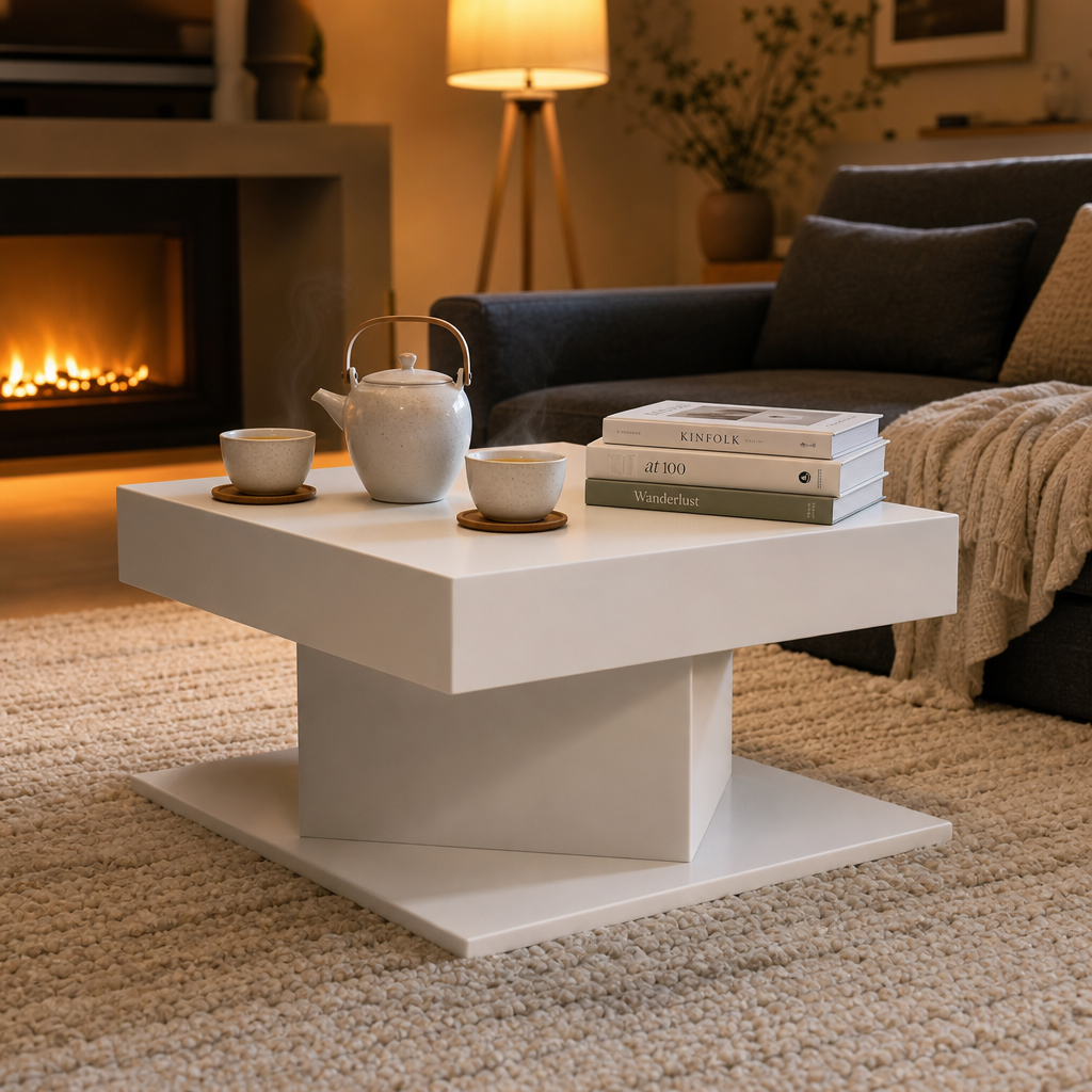 Table basse Eloria blanche dans un salon cosy pres de la cheminee, avec service a the et piles de livres