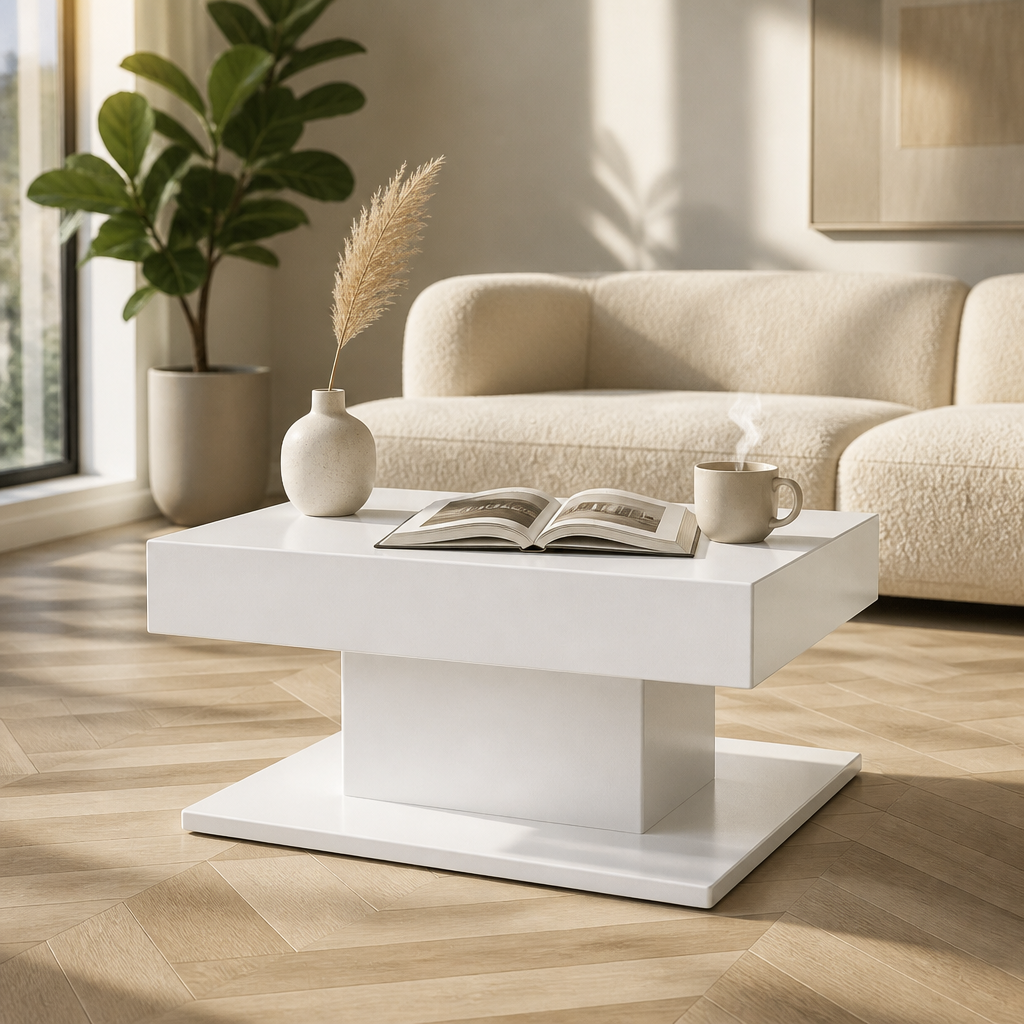 Table basse Eloria blanche dans un salon lumineux et epure, avec plante verte, vase et livre ouvert
