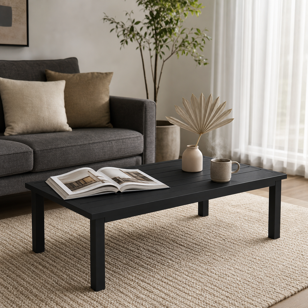 Table basse exterieure Horizon en aluminium noir, en situation dans un salon avec canape gris et tapis beige