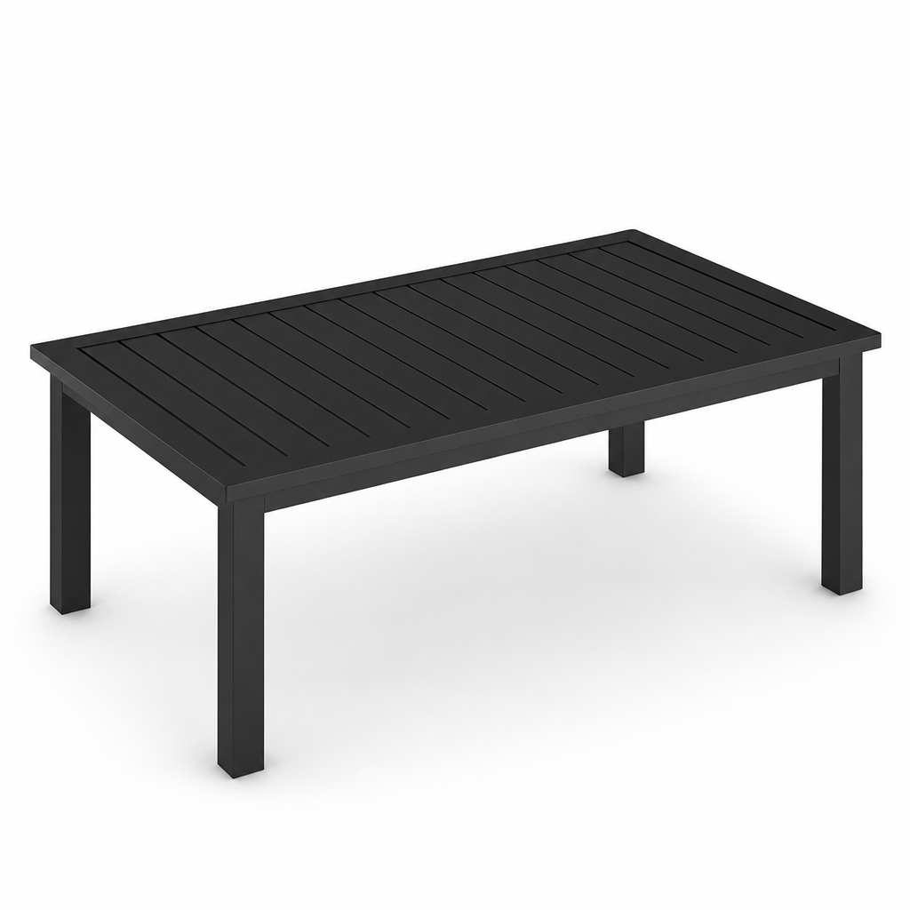 Table basse exterieure Horizon en aluminium noir, vue d angle sur fond blanc