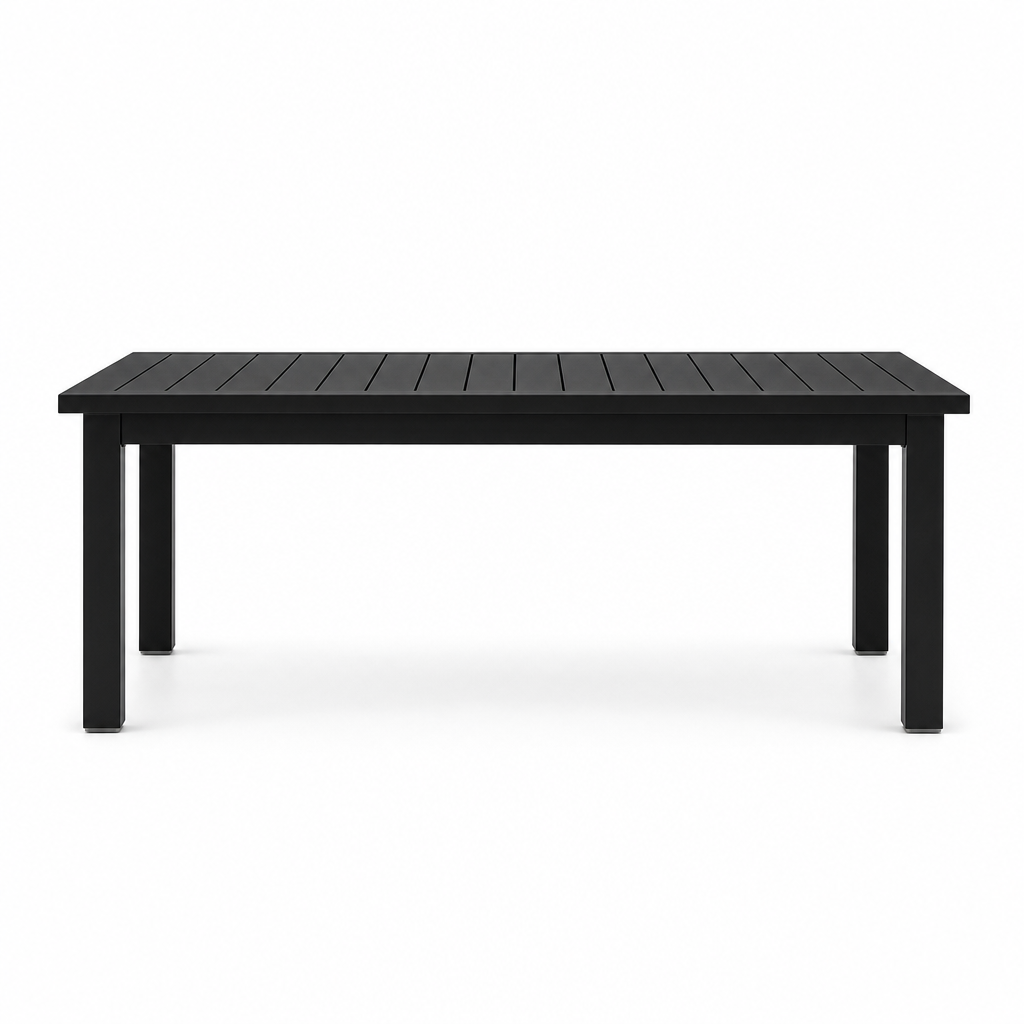 Table basse exterieure Horizon en aluminium noir, vue de face sur fond blanc
