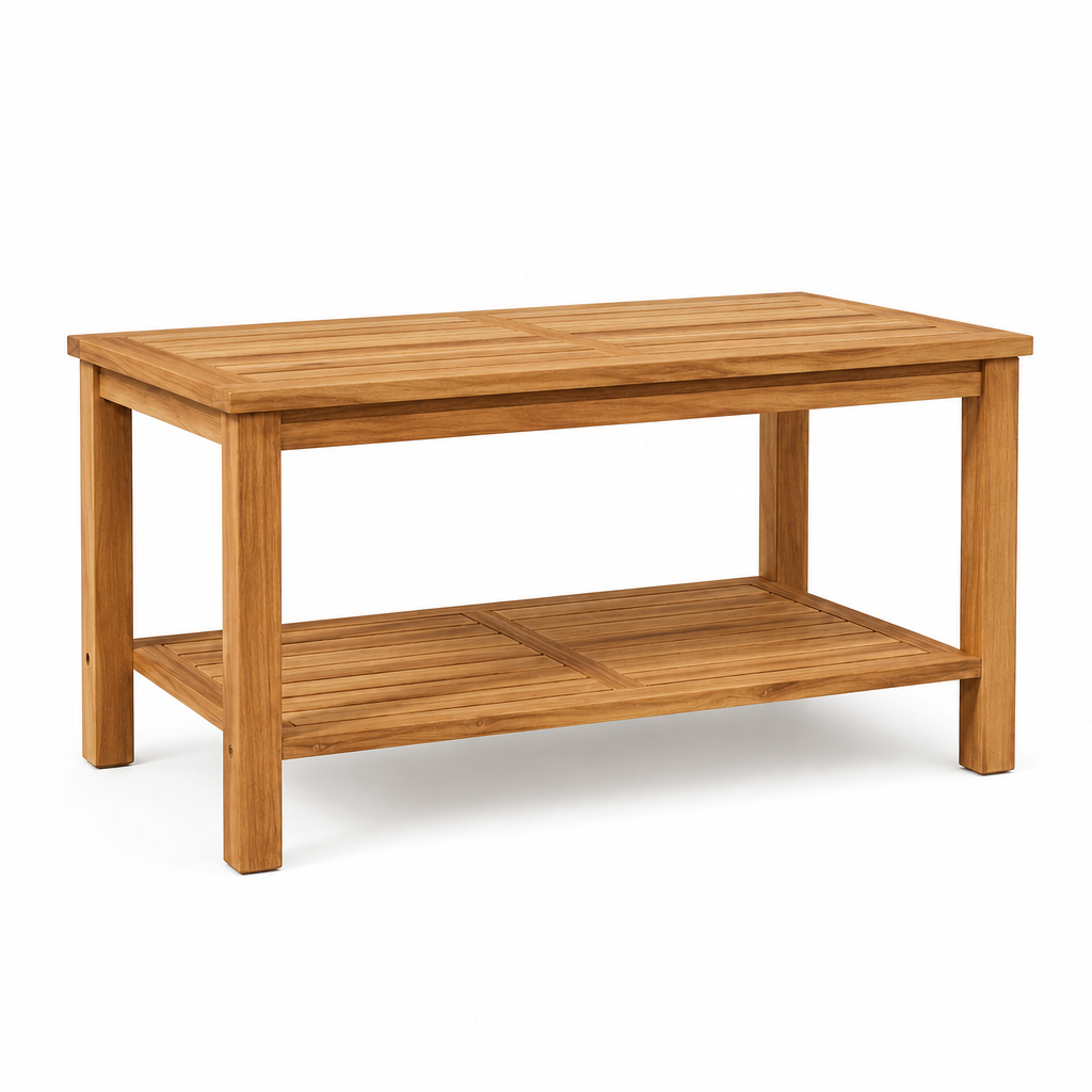 Table basse exterieure Oslo en teck massif avec tablette de rangement, vue de face sur fond blanc