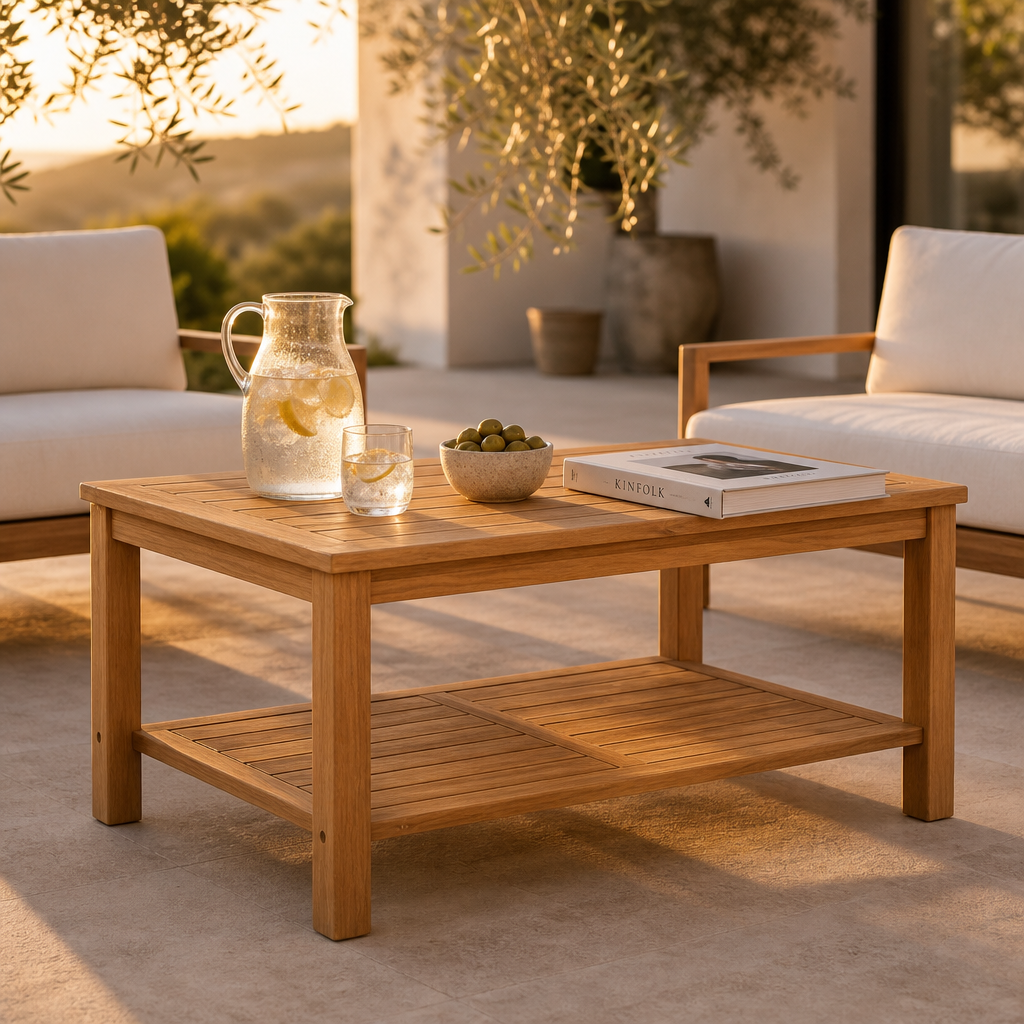 Table basse exterieure Oslo sur une terrasse au coucher du soleil avec carafe, olives et livre