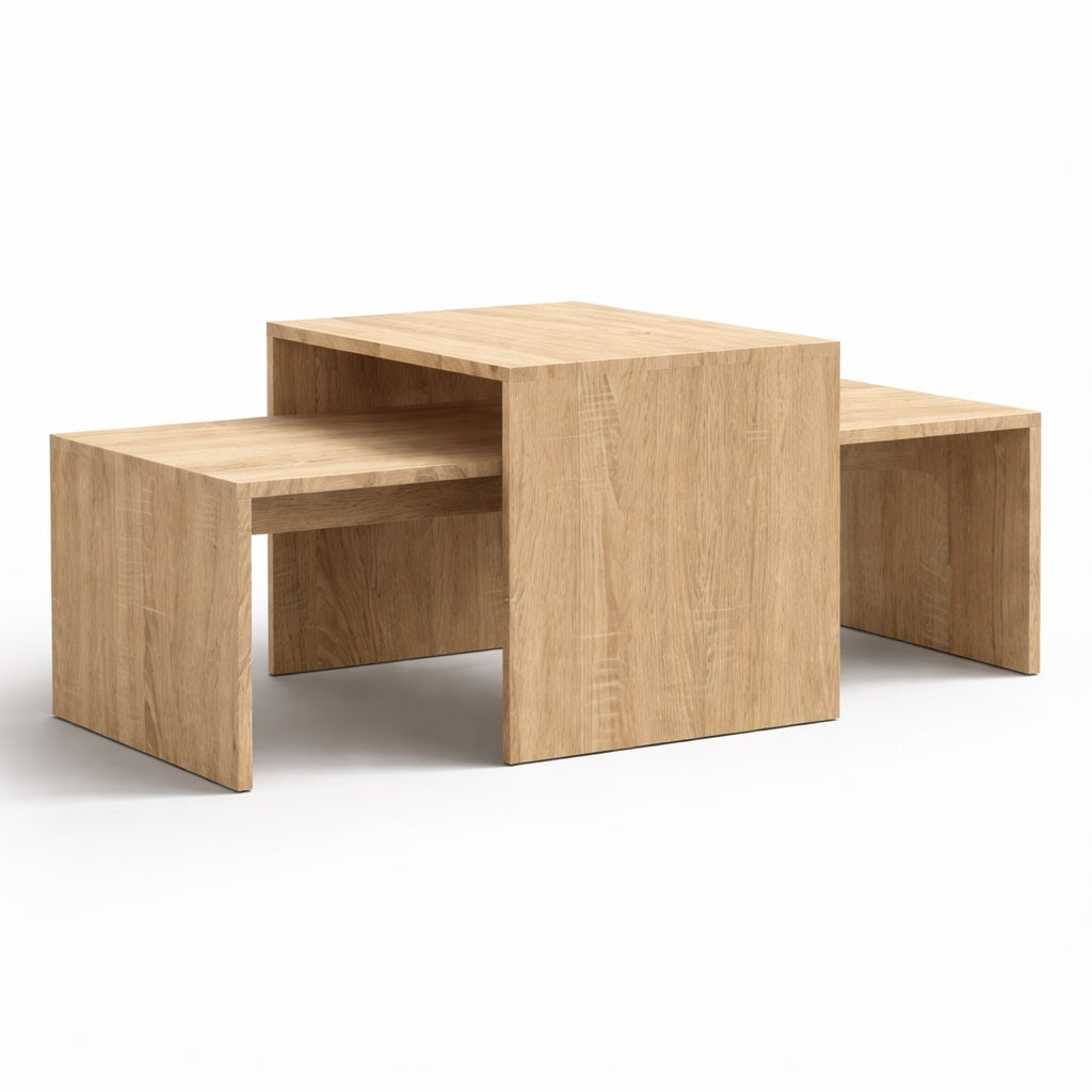 Table basse gigognes en bois finition chêne clair, design minimaliste et modulable