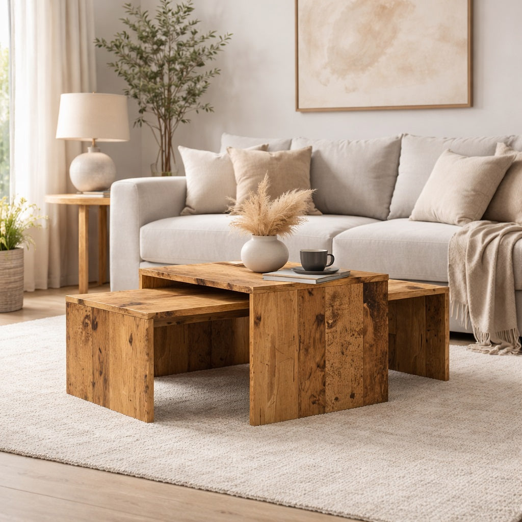 Table basse gigognes en bois intégrée dans un salon moderne, ambiance naturelle et élégante