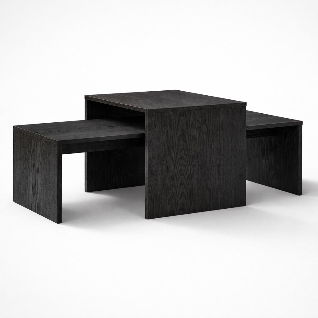 Table basse gigogne noire en bois, design moderne aux lignes cubiques et élégantes