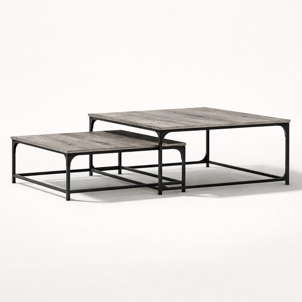 Table basse gigogne STRATA gris, design industriel avec plateau effet béton et structure métal noir, vue 3/4.