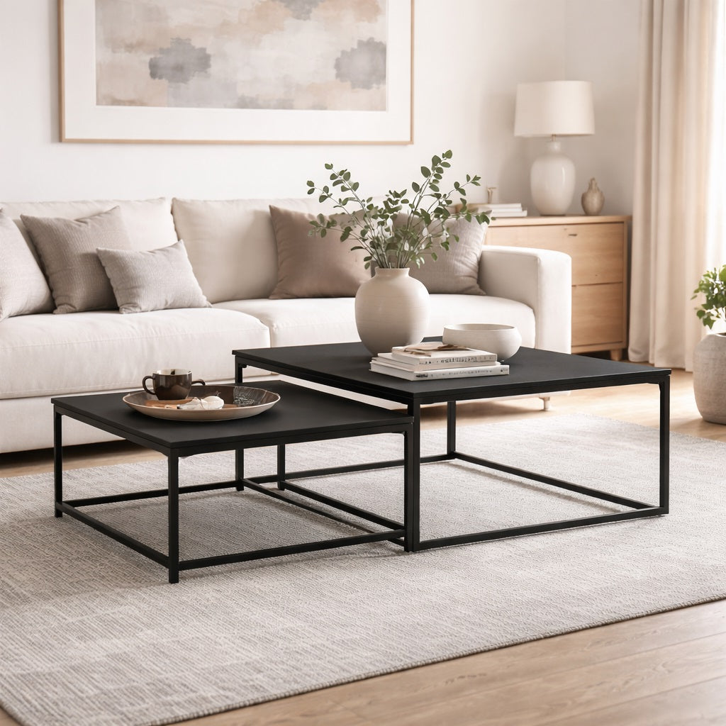 Table basse gigogne STRATA noir en situation, ensemble modulable élégant pour salon moderne.