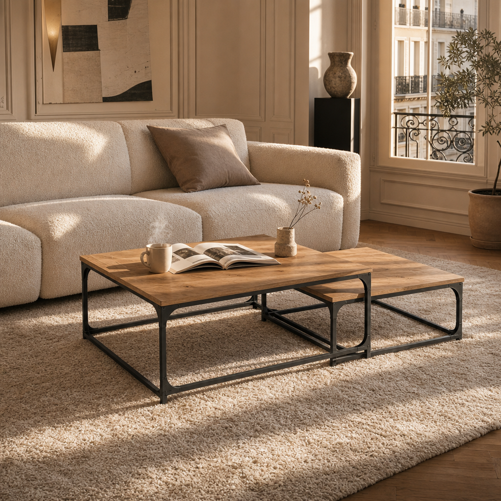 Tables basses gigognes Arven dans un salon style parisien avec canape beige, cafe et livre