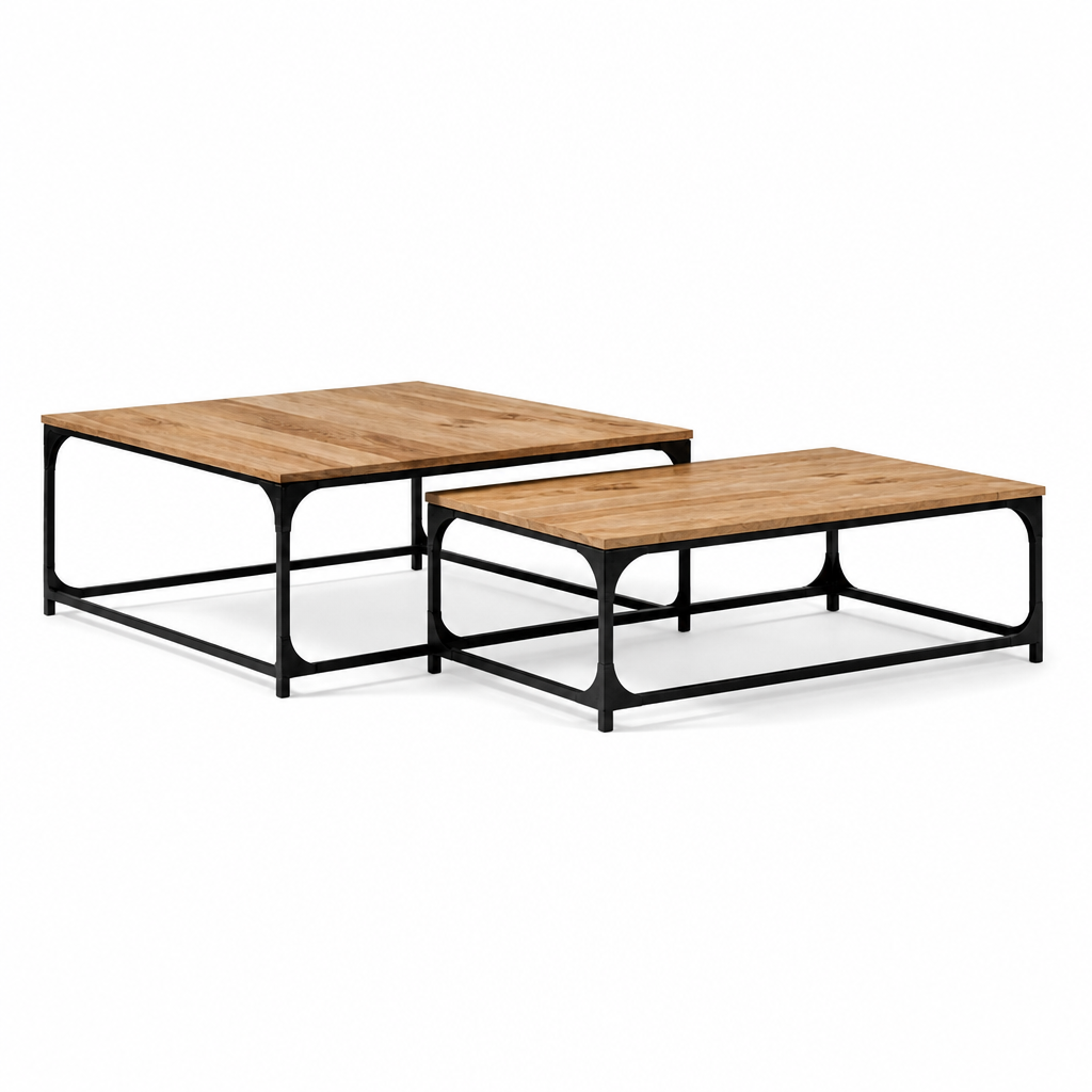 Tables basses gigognes Arven en metal noir et bois sur fond blanc, ensemble de deux tables carrees