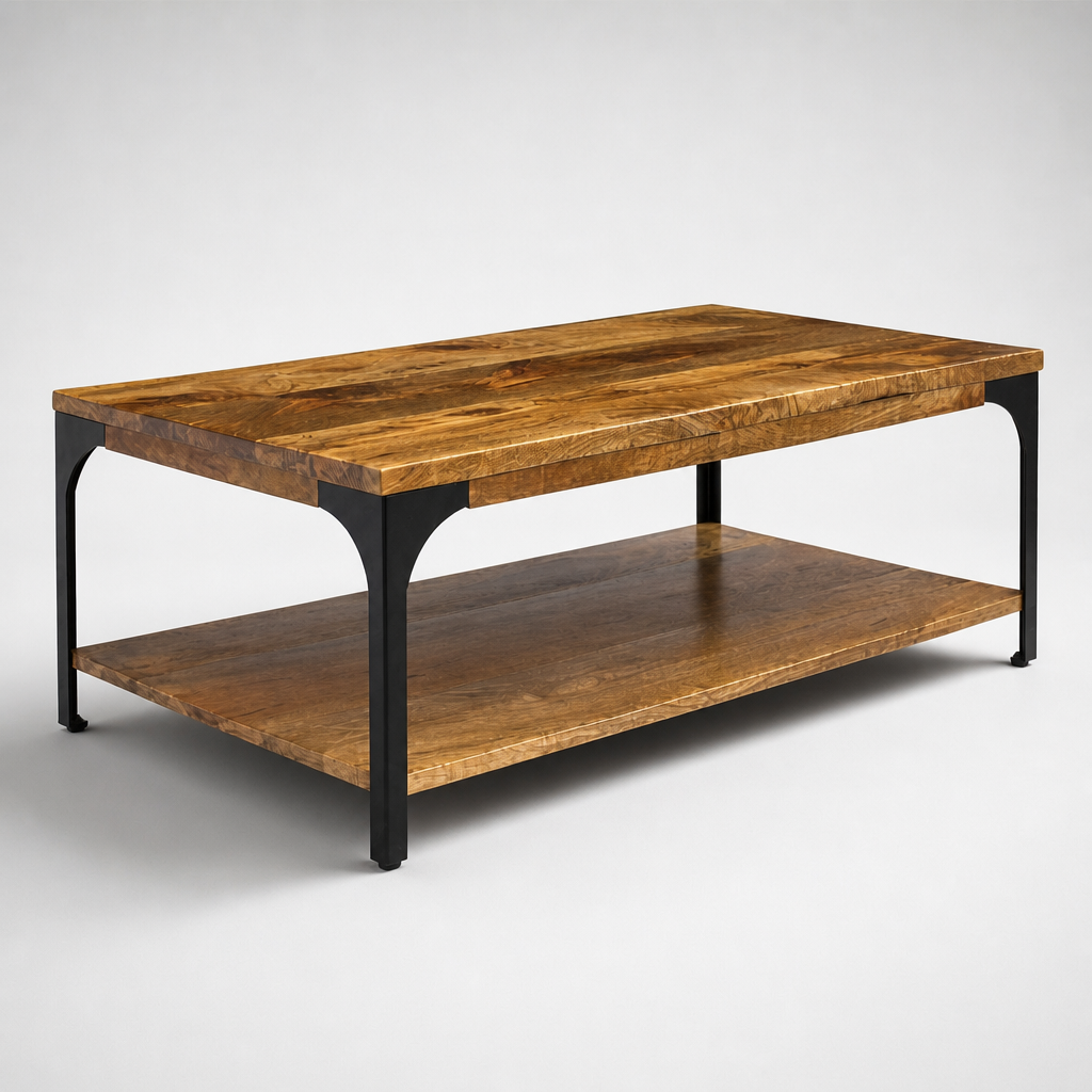 Table basse Hudson en bois massif et metal noir avec etagere basse, vue de face sur fond gris clair