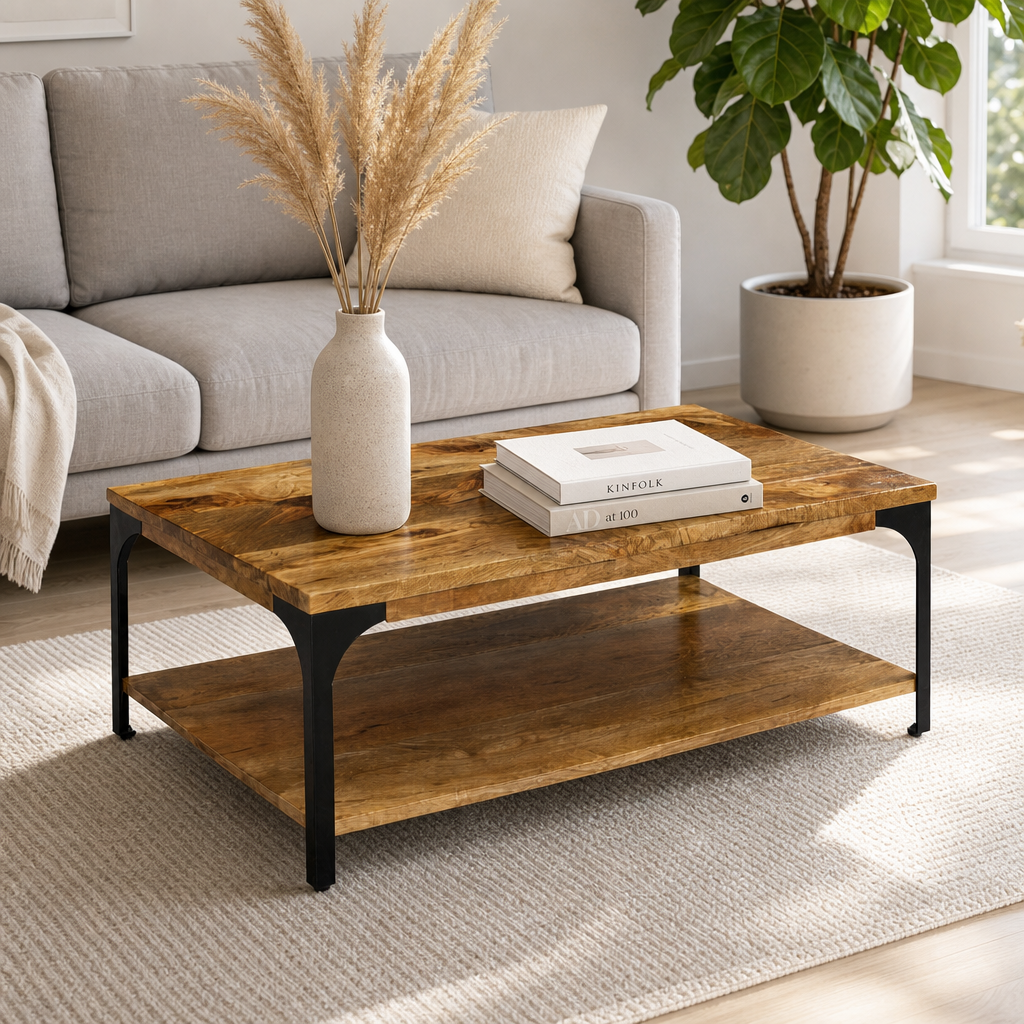 Table basse Hudson en bois massif dans un salon lumineux avec vase et livres poses sur le plateau