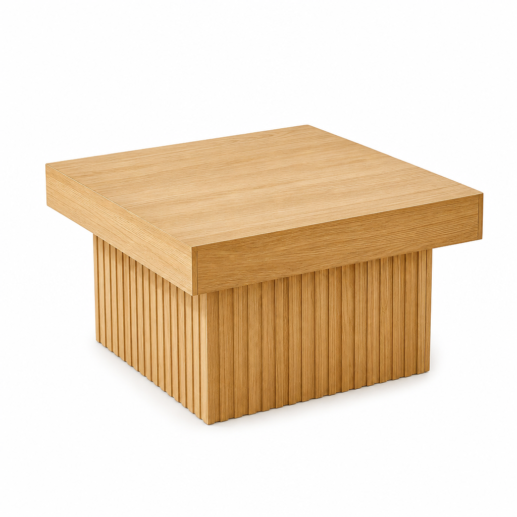 Table basse Japandi Neva avec pietement cannele en bois clair, vue d angle sur fond blanc