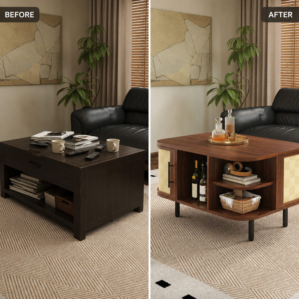 Comparaison avant apres relooking d un salon avec la table basse style Japandi Solaro
