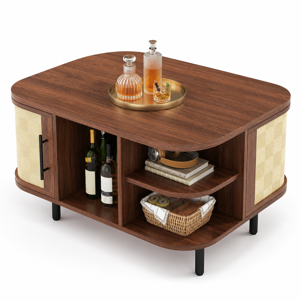 Table basse style Japandi Solaro, vue detaillee des espaces de rangement avec bouteilles et plateau de service