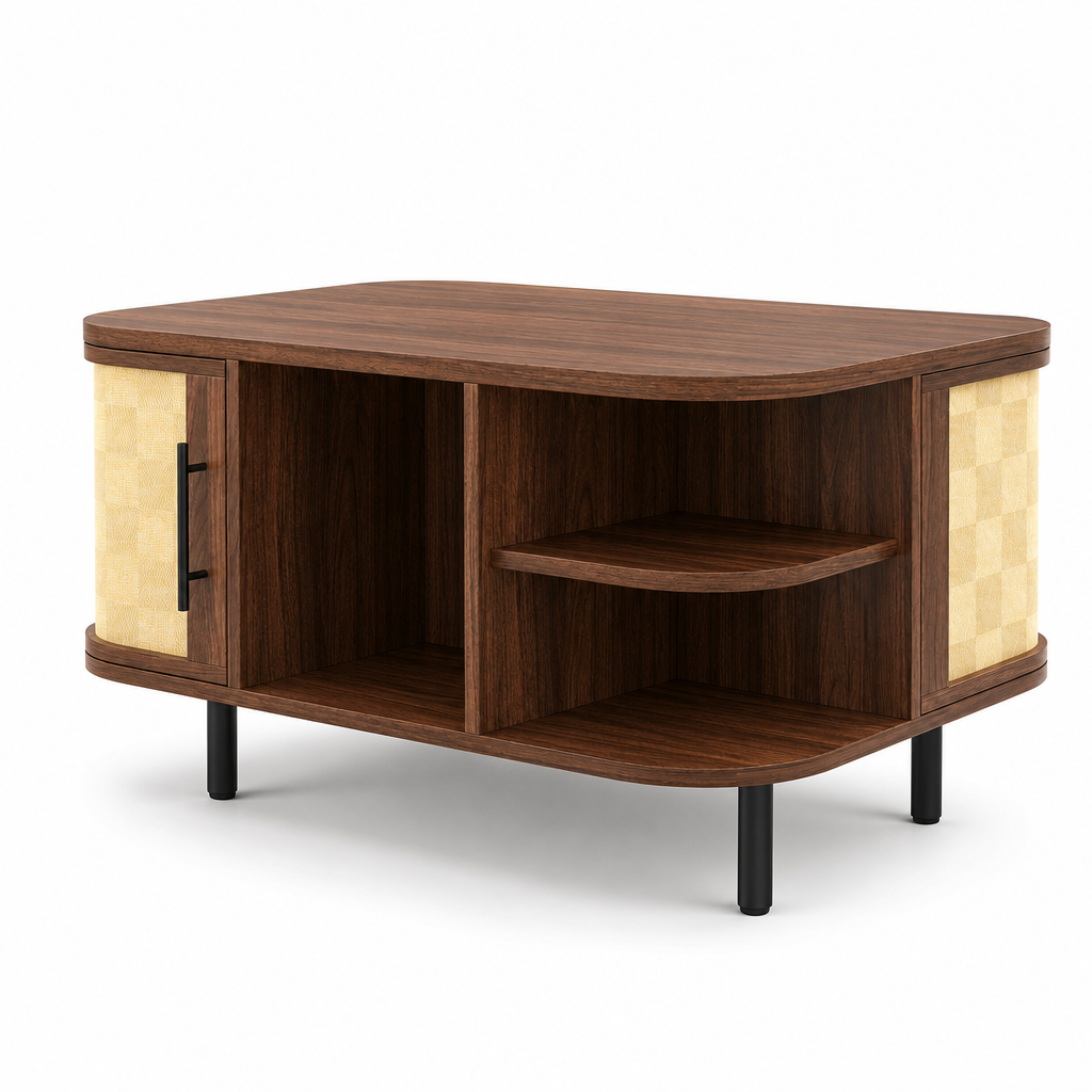 Table basse style Japandi Solaro en bois avec panneaux tresses, vue d angle sur fond blanc