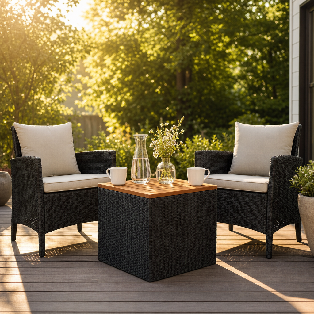 Table basse de jardin Azura en situation sur une terrasse ensoleillee entre deux fauteuils avec cafe du matin