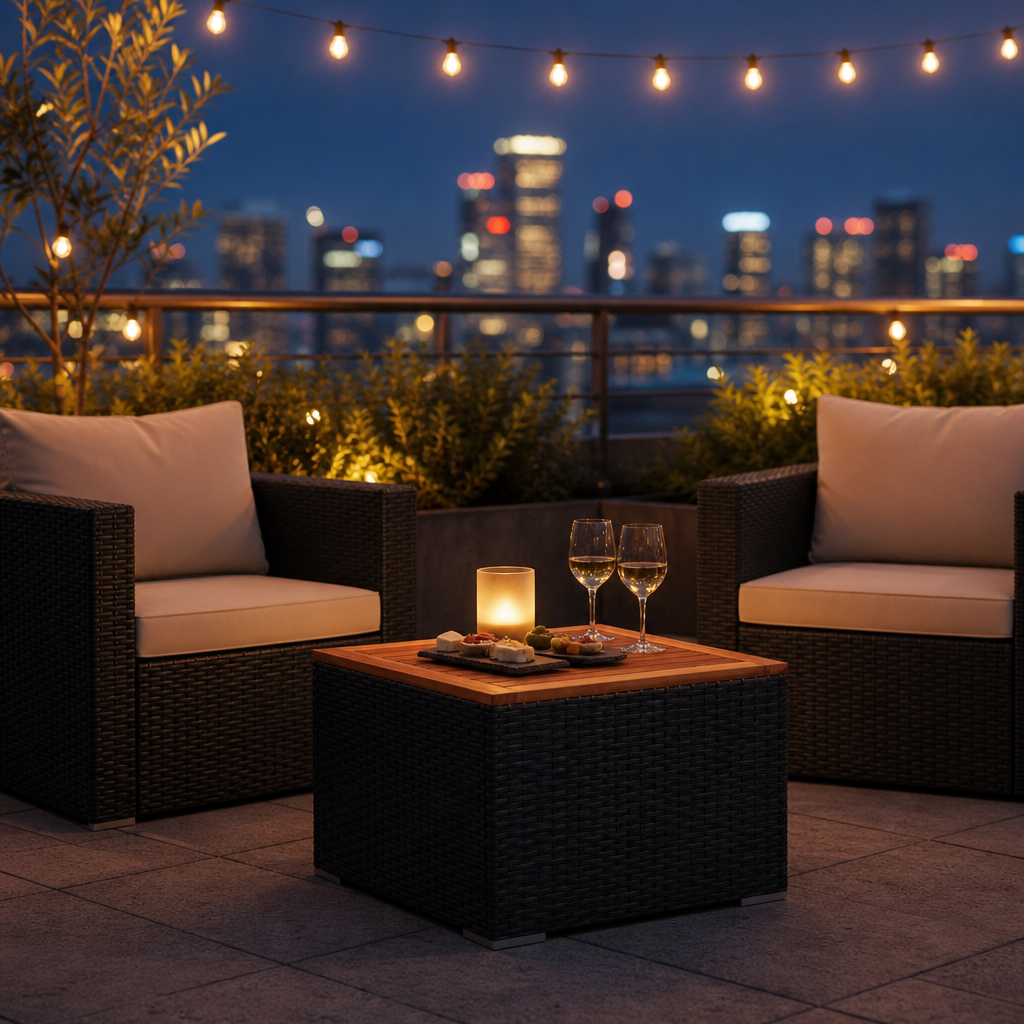Table basse de jardin Azura en situation sur une terrasse en soiree avec guirlande lumineuse et fauteuils en resine tressee
