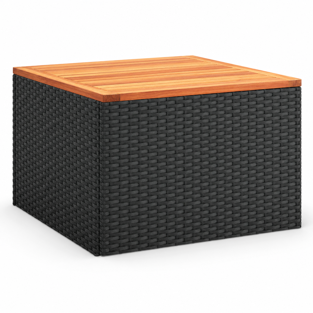 Table basse de jardin Azura en resine tressee noire avec plateau en bois, vue de face sur fond blanc